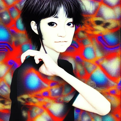 Image similar to yoshitaka amano blurred and dreamy realistic three quarter angle portrait of a young woman with short hair and black eyes wearing office suit with tie, junji ito abstract patterns in the background, satoshi kon anime, noisy film grain effect, highly detailed, renaissance oil painting, weird portrait angle, blurred lost edges