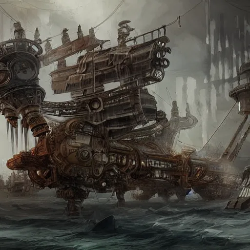 Prompt: future cybernetic steampunk pirate ship with robotic arms concept art by jung yeon min