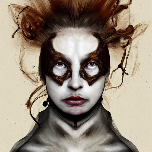 Image similar to portrait of a Shibari rope wrapped face and neck, headshot, insanely nice professional hair style, dramatic hair color, face paint half and half, digital painting, of a old 15th century, old cyborg merchant, amber jewels, baroque, ornate clothing, scifi, realistic, hyperdetailed, chiaroscuro, concept art, art by Franz Hals and Jon Foster and Ayami Kojima and Amano and Karol Bak,