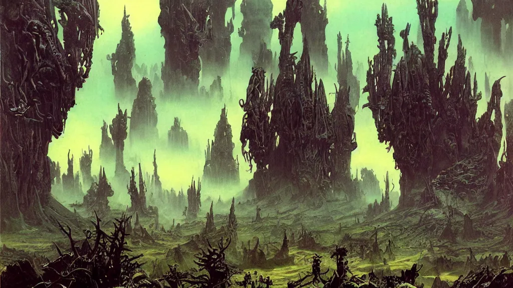 Image similar to surreal eerie alien planet empire with strange biomechanical plants by frank frazetta and bruce pennington, cinematic matte painting