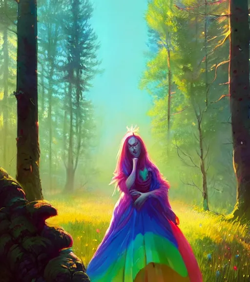 Image similar to highly detailed portrait of women wearing rainbow gown in middle of colorful forest in gta v, stephen bliss, unreal engine, fantasy art by greg rutkowski, loish, rhads, ferdinand knab, makoto shinkai and lois van baarle, ilya kuvshinov, rossdraws, tom bagshaw, global illumination, radiant light, detailed and intricate environment