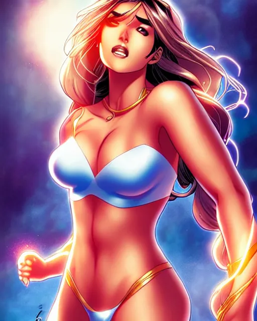 Image similar to sakimi chan comicbook cover art, jessica alba as aphrodite ix