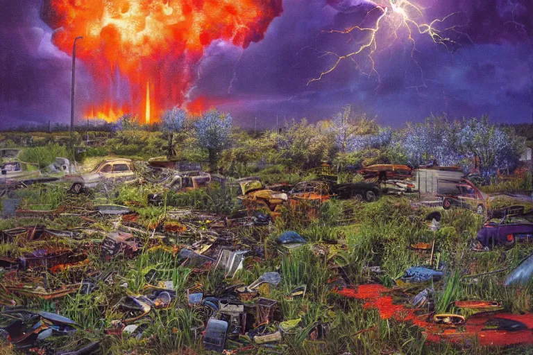 Prompt: hyperrealism, scene from church, tornado of fire, blue grass, thunderstorm, starship, junkyard, louisiana swamps, orange blooming flowers garden, 8 k, 8 0 s japanese sci - fi books art