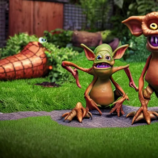 Image similar to disgusting brown Boglins, plastic goblin monster toys in a backyard garden, by PIXAR, octane render