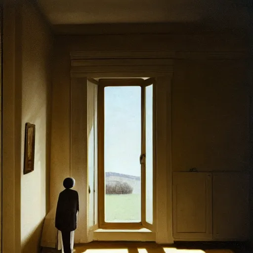 Prompt: person in pyjamas standing near window, sun rays, daylight, french door window, 2 4 mm, anamorph lenses, photorealistic, high ceiling, style by vilhelm hammershøi