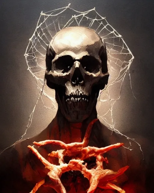 Image similar to an angel with a skull made of meat and webs for the head, organic painting, dark, bold shapes, by greg rutkowski, by satoshi kon, by caravaggio, trending on artstation, dramatic lighting, horror, blood, god rays angelical