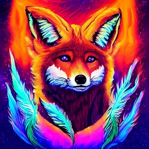 Image similar to a stylized blacklight neon black velvet painting of an bipedal fox with a skull for a face, hummingbird feathers for fur, themed around death and astronomy, in the style of dnd beyond avatar portraits, beautiful, artistic, elegant, lens flare, magical, lens flare, nature, realism, stylized, art by hayou miyazaki