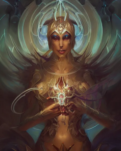 Image similar to portrait of a beautiful satanic cybernetic emanation, by pete mohrbacher and artgerm and wlop, digital art, highly detailed, intricate, fantasy, mystical, sharp focus, Trending on Artstation HQ, deviantart, unreal engine, 4K UHD image