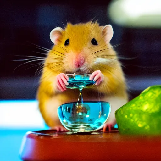 Prompt: a hamster holding a martini glass in a boat in Hawaii, dslr photo, bokeh