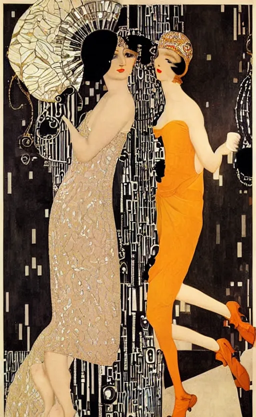 Image similar to an oil painting of jazz age high society life, 1920s style, dressed in 1920s fashion, smooth, highly detailed, high contrast, by Klimt, Coles Phillips, Dean Cornwell, JC Leyendecker, 8K