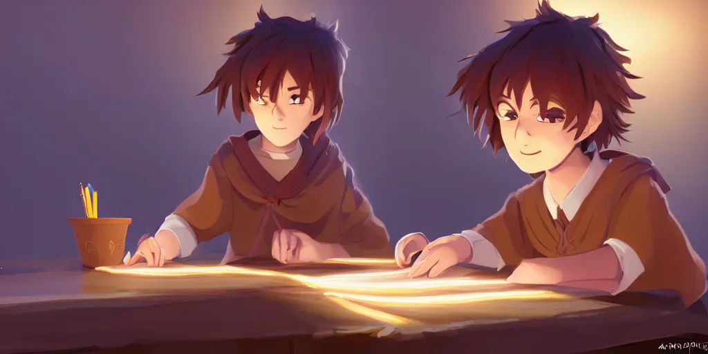 Image similar to a young boy mage with a brown cloak and brown hair is standing at his desk working on a new spell, colorful, flowing energy, light rays, anime boy, boy, consistent face, anime boy face, medium shot, waist up, pixar and disney animation, sharp, concept art, highly detailed, trending on artstation, bloom, dramatic lighting, cinematic