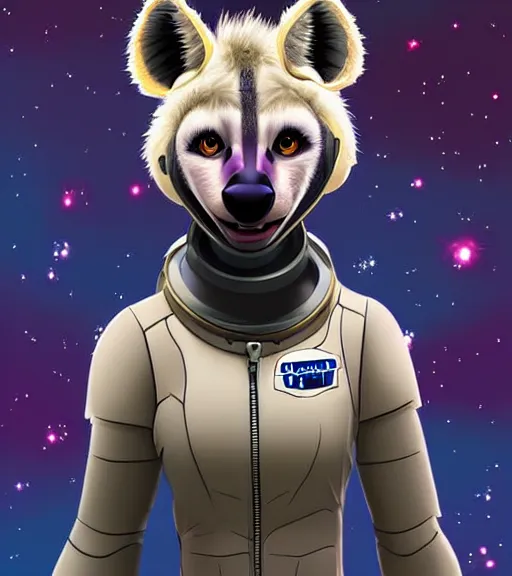 Image similar to digital detailed art of furry female hyena, in style of zootopia, fursona, furry, furaffinity, deviantart, wearing astronaut outfit, in style of mark arian, floating in space, space background, hyena fursona, cyberpunk, female, detailed face, style of artgerm,