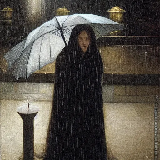 Prompt: a striking esoteric painting of bestie in the rain, dark, metal, black background, occult, by Edward Leighton