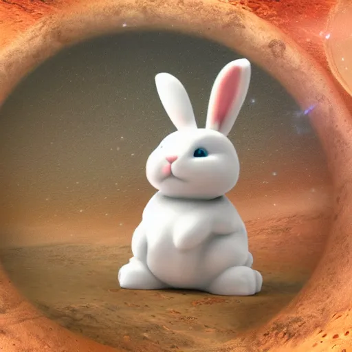 Image similar to photo of a cute bunny crossing dimensionnal portal on mars, realistic,