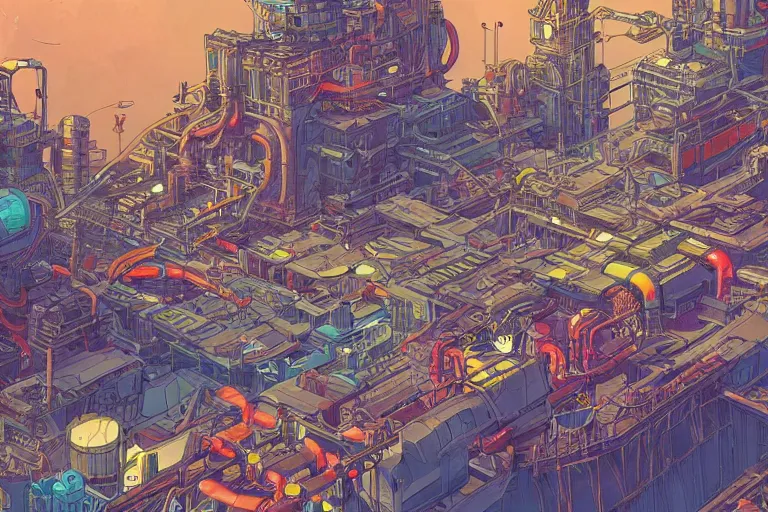 Prompt: a colorful marketplace, Industrial Scifi, detailed illustration, character design, intricate, by Martin Grip and Moebius