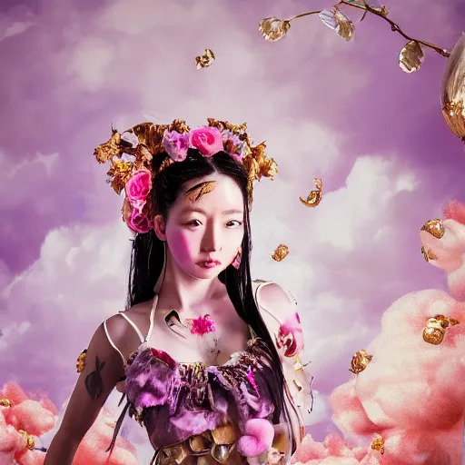 Image similar to 8 k, octane render, realism, tonalism, renaissance, rococo, baroque, portrait asian of a young lady wearing long harajuku manga dress with flowers and skulls, cotton candy!! ( background chaotic gold leaf flowers ) bikini