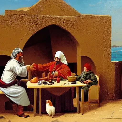 Prompt: ' a medieval turkish nobleman takes breakfast at his coastal manor with his family '. painting by angus mcbride, art with high fidelity realistic textures and figures.