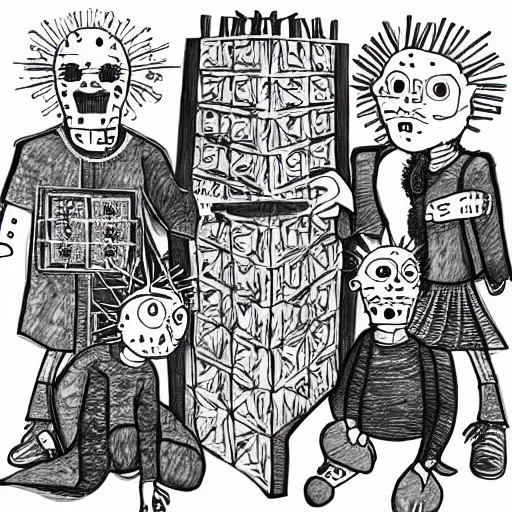 Prompt: childish, lively, freely, scribbles, doodles, mom dad me and my friend, a hellraiser