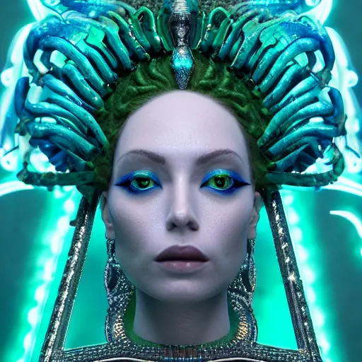 Image similar to unreal engine, octane render, 8 k, sandro botticelli portrait of egyptian sumerian goddess princess intergalactica, nautical siren, queen of heaven, techno mystic goddess, with aqua neon dreadlocks, teal eyebrows encrusted with diamonds, wearing iris van herpen haute couture, star - gate of futurisma,