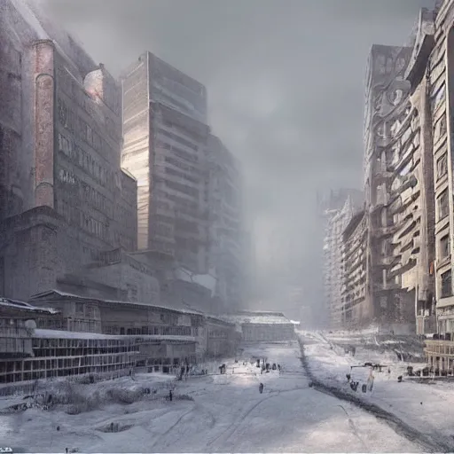 Image similar to a matte painting about a dystopian, dystopian chinese city, covered in snow. hardcopy ( live ) httpa matte painting about a misty, cyberpunk, rutless rock landing, coming true to life in post - apocalyptic