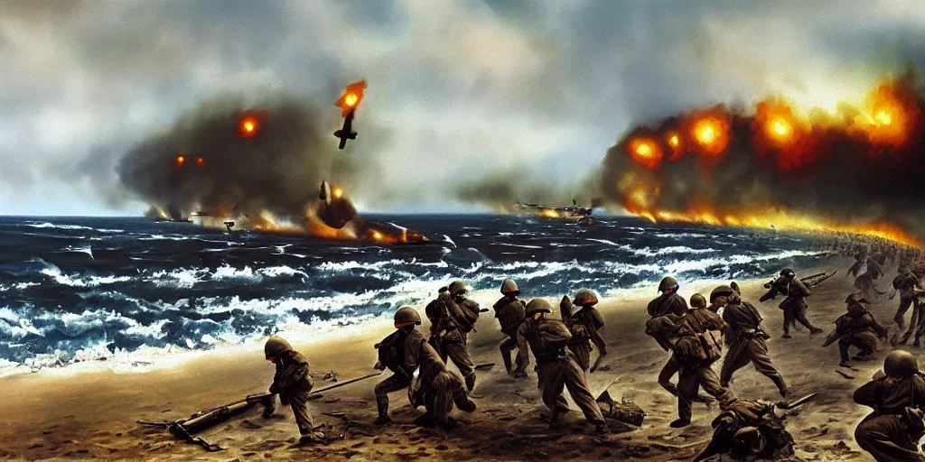 Prompt: battle of omaha beach, ww 2, matte painting, oil painting, painting