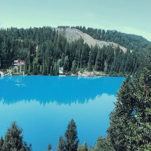 Prompt: View from directly above a blue lake with a city made of wood, more details