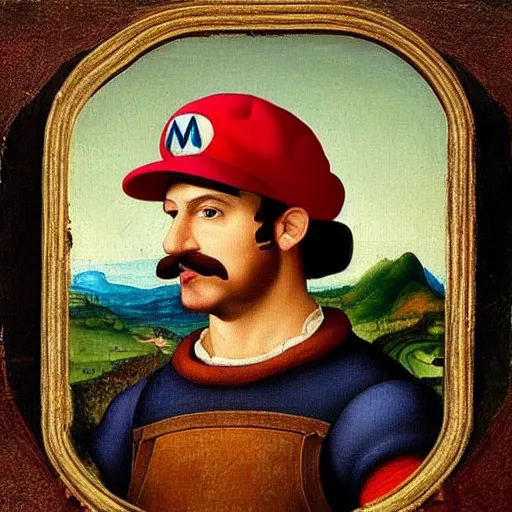 Image similar to a beautiful renaissance painted portrait of super - mario