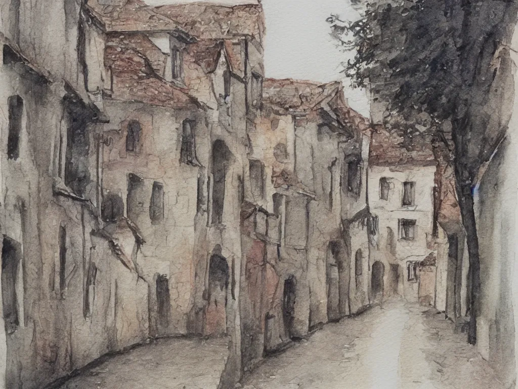 Image similar to a street in a old small village, pencil and watercolor