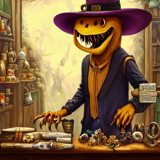 Prompt: Anthropomorphized DinosUr trader in his shop, selling his wares, portrait, items, gold, magic potions, carpet, window, fancy hat, sly expression , cunning expression, cute expression, long thick shiny gold beak, presenting wares, holding a gold bag, D&D, fantasy, cinematic lighting, highly detailed, digital painting, artstation, concept art, smooth, sharp focus, illustration, warm light, cozy warm tint, magic the gathering artwork, volumetric lighting, 8k, art by Akihiko Yoshida, Greg Rutkowski