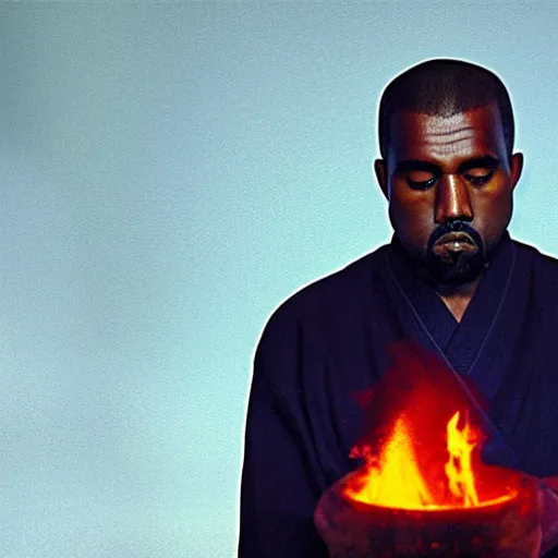 Image similar to cinematic film still of Kanye West starring as a Japanese Sensei with fire, Japanese CGI, VFX, 2003, 40mm lens, shallow depth of field, film photography