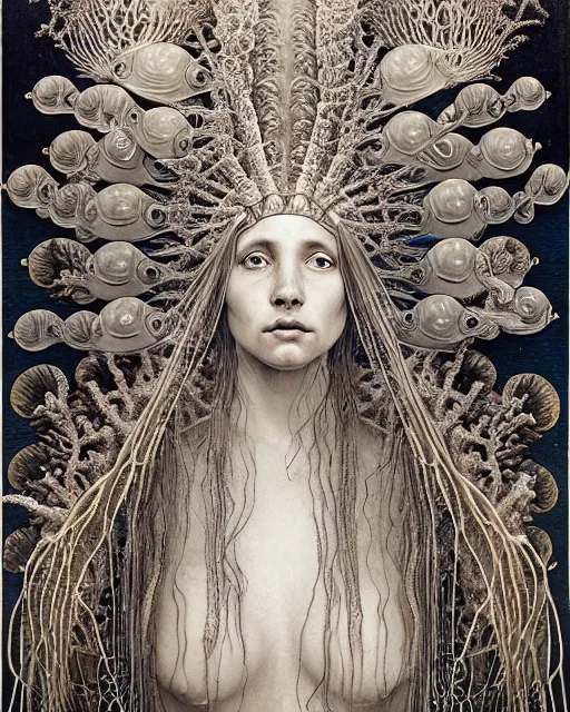 Prompt: realistic detailed underwater portrait of the beutiful young goddess of the fish of the three times with an intricate headdress of corals, sea kelp, sea plants, fish, jellyfish, art by ernst haeckel, zdzisław beksinski, h. r. giger, hieronymus bosch, gothic, neo - gothic, ornamental,