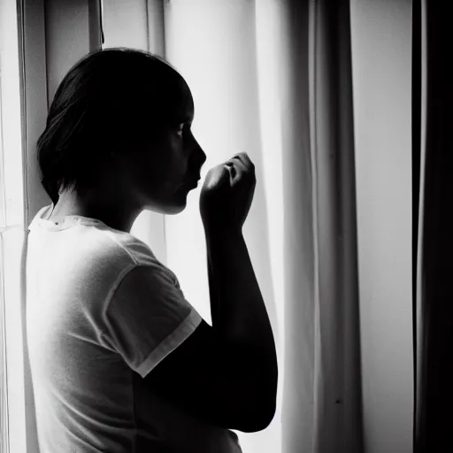 Image similar to black and white photograph portrait of a depressed 35 years old woman standing by the window, natural light, lomo, fashion photography, film grain, soft vignette, sigma 85mm f/1.4 1/10 sec shutter