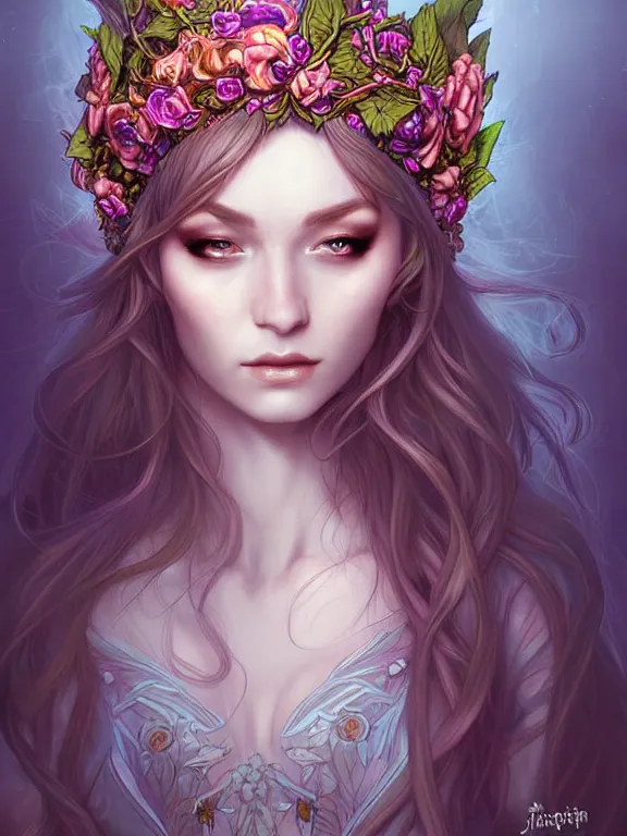 Image similar to digital art, centered elven bride, vivid flower crown ,intricate, veins, by James Jean and by artgerm , ultradetailed, charachter design, concept art, trending on artstation,