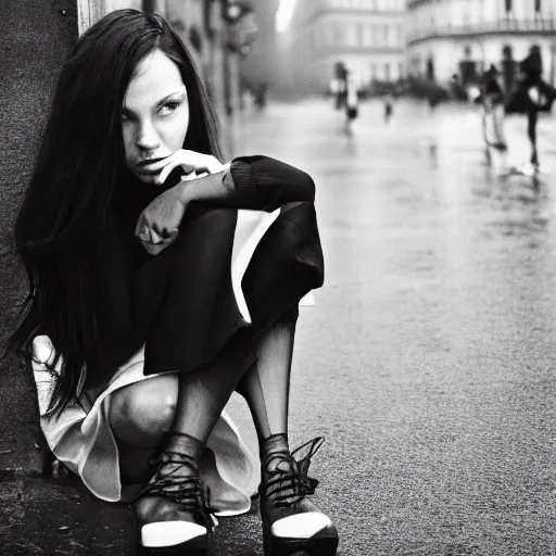 Image similar to black and white fashion photograph, highly detailed portrait of a depressed girl as a drug dealer on a busy Paris street, detailed face looking into camera, eye contact, natural light, rain, mist, lomo, fashion photography, film grain, soft vignette, sigma 85mm f/1.4 1/10 sec shutter, Daren Aronofsky film still promotional image, IMAX 70mm footage