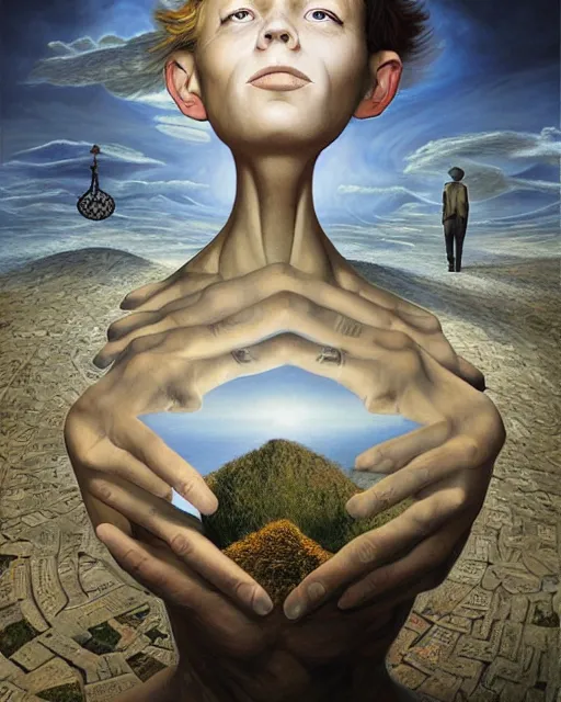 Image similar to gender dysphoria theme surrealist art in the styles of igor morski, jim warren, and rob gonsalves, intricate, hyperrealistic, volumetric lighting