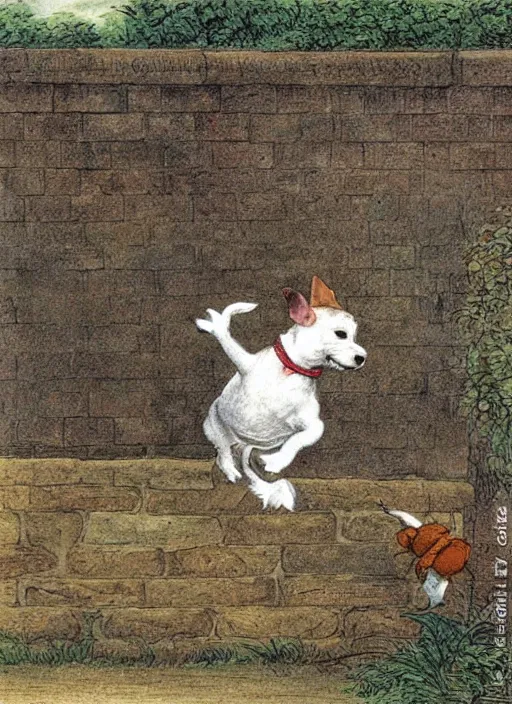 Image similar to jack russel terrier jumping from the ground over a brick fence, illustrated by peggy fortnum and beatrix potter and sir john tenniel