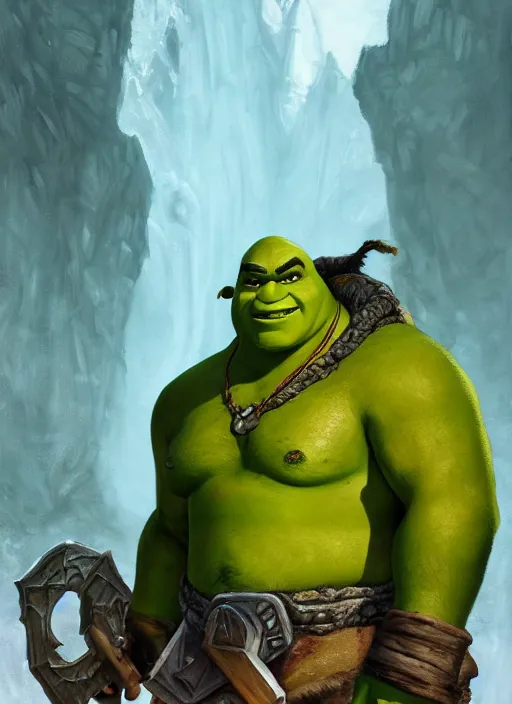 Image similar to dramatic oil painting of full body shrek as thrall from world of warcraft, artstation, shrek, epic, dramatic, shrek ogre,