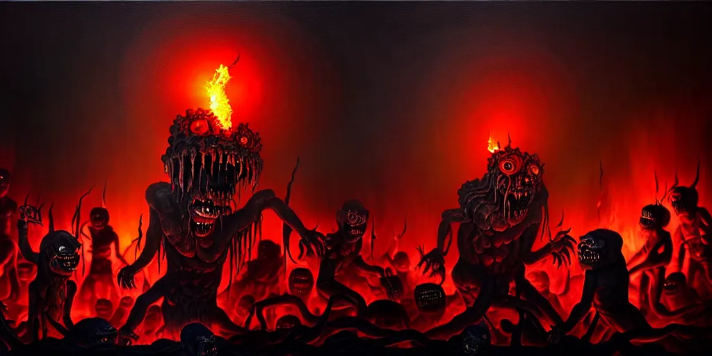 Image similar to repressed emotion creatures and monsters at the mouth of hell, dramatic lighting glow from giant fire, attempting to escape and start a revolution, in a dark surreal painting by ronny khalil