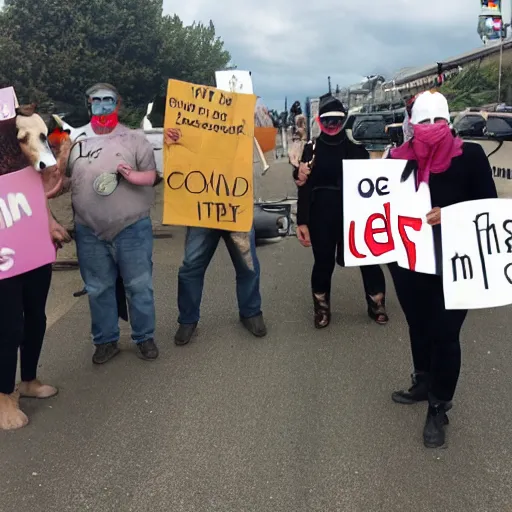 Prompt: cows protesting, holding op signs