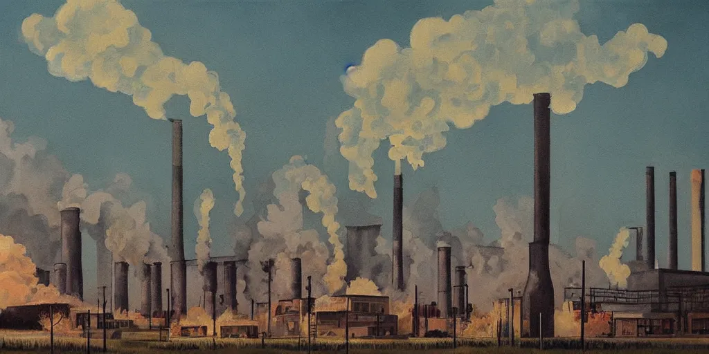 Image similar to a depressing and quite sad painting of a factory with smoke stacks billowing into a sky the color of a tv turned to a dead channel ; highly detailed