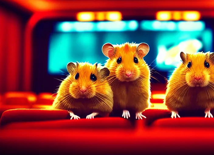 Image similar to hamsters in a cinema, movie still, cinematic, sharp focus, color grading from blade runner 2 0 4 9, cinematic grain, cinematic lighting, 8 k