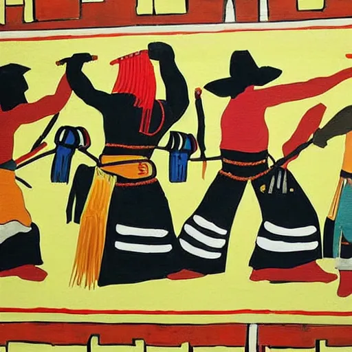Image similar to Mural painting from a culture inspired by cowboys, Tuaregs and samurais
