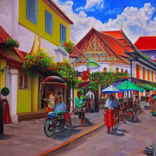 Prompt: surrealism painting of phuket old town