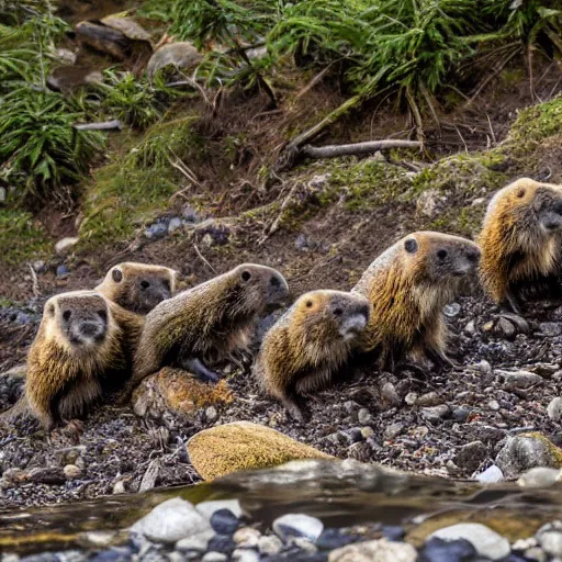 Prompt: a group of marmots playing in a mountain stream by killian eng