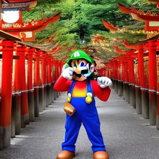 Image similar to photo of super mario visiting fushimi inari shrine