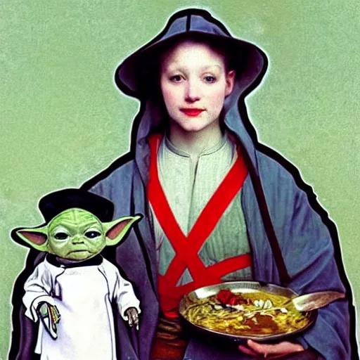 Image similar to baby yoda as a chef wearing a white apron and wearing a white chef's hat, by Jan van Eyck, by alphonse mucha