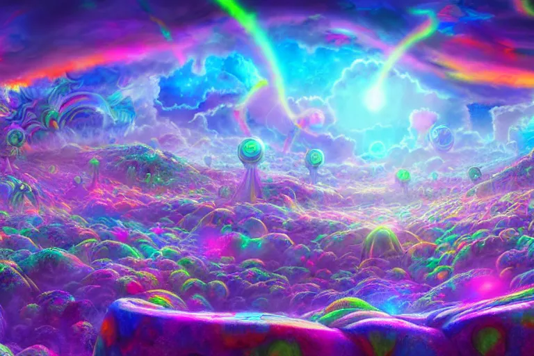 Image similar to a psychedelic realm with rolling plains made out of clouds, and giant portals scattered throughout that lead into the multiverse, in the style of wlop and lisa frank, illustration, epic, fantasy, hyper detailed, smooth, unreal engine, sharp focus, ray tracing