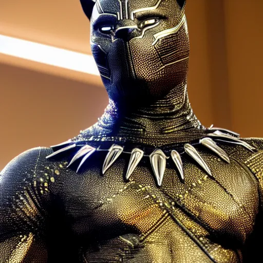 Image similar to a close up photo of a detailed golden statue of Black Panther, epic, 8K,