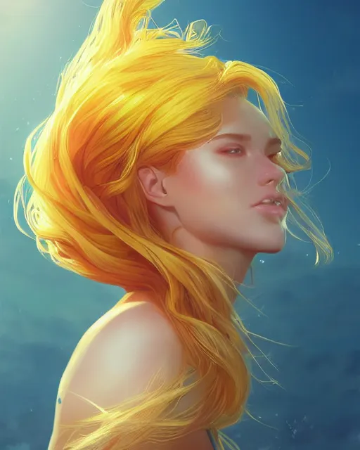 Prompt: summer vibes, beautiful sun goddess, flowy yellow golden hair, sun, summer, cinematic lighting, highly detailed, digital painting, trending on artstation, pixiv, concept art, sharp focus, illustration, art by ross tran and wlop