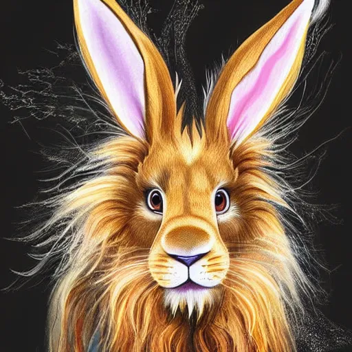 Prompt: cute fluffy tan lop eared bunny rabbit with long colorful flowing lion mane with mohawk hairstyle hybrid animal detailed painting 4 k